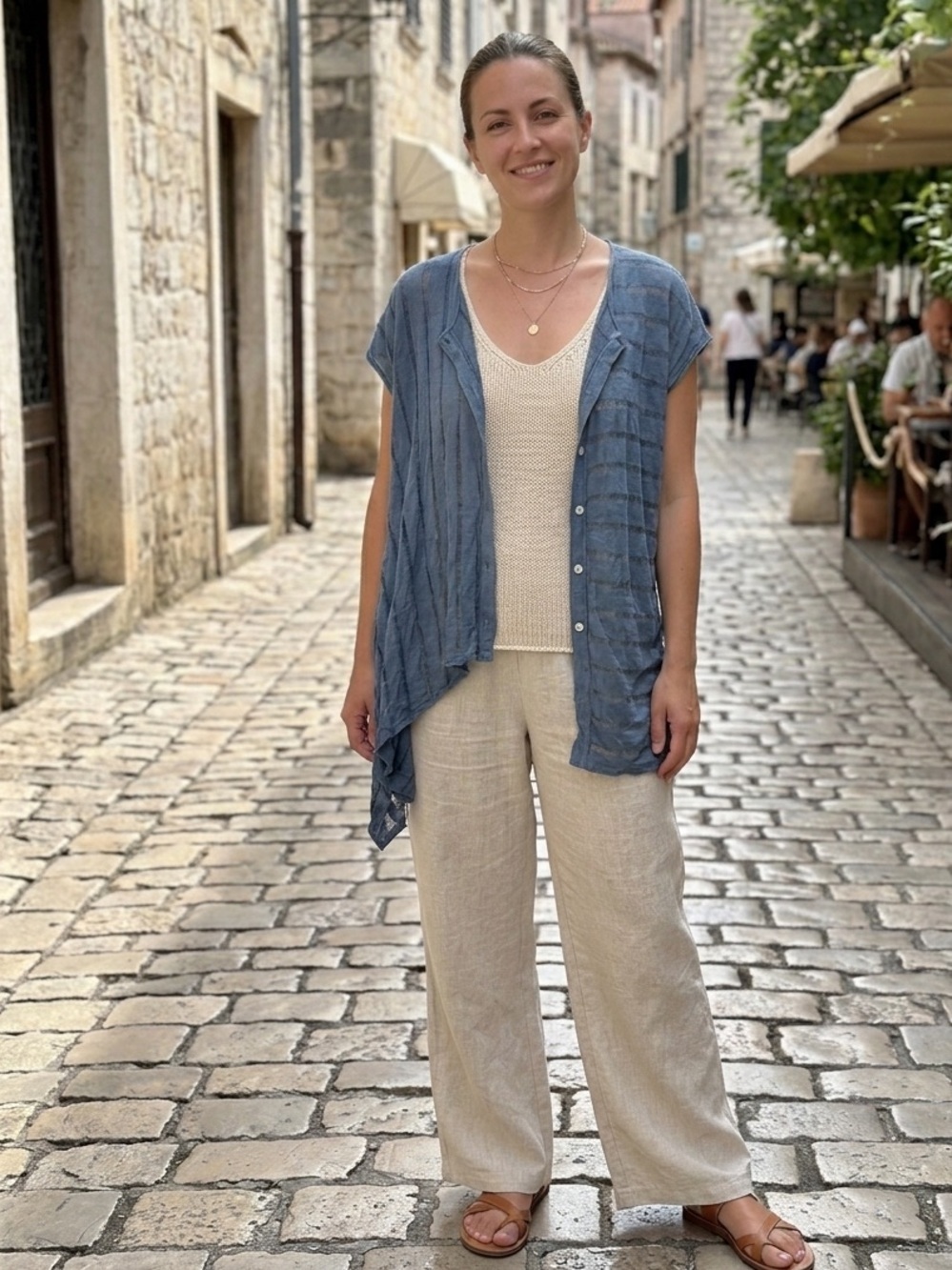 Gabby Isabella NEW Linen Cotton Relaxed Fit Boho Knit Lightweight Blue Button S